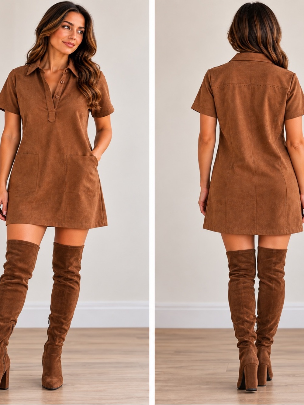 Max Studio London Faux Suede Shirt Dress – Saddle Brown – Size L – NWT